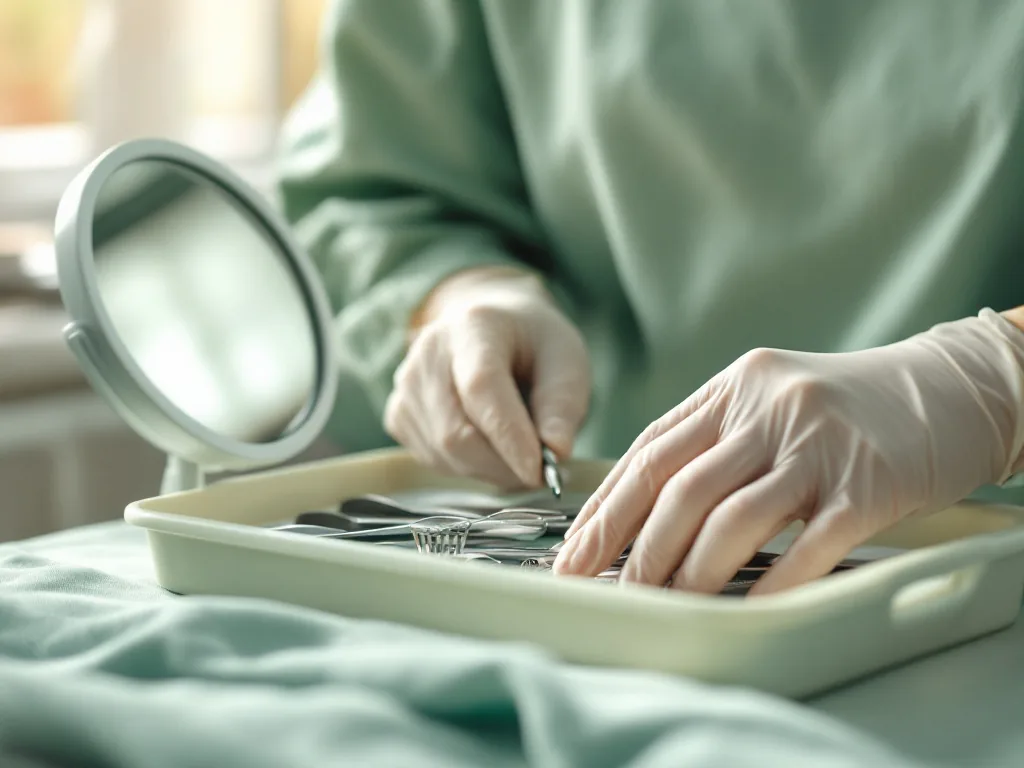 Gloved hands arranging clean dental instruments on a tray in soft daylight