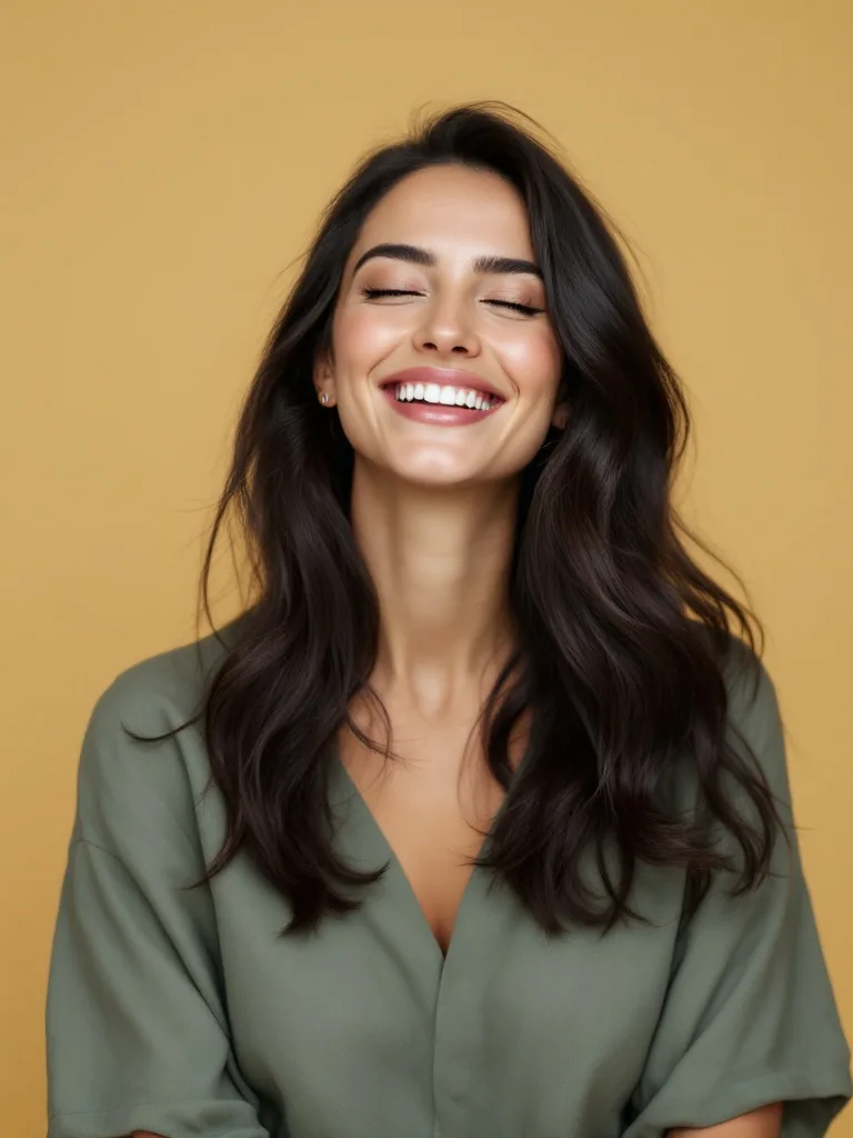 A woman smiling with her eyes closed against a pale yellow backdrop