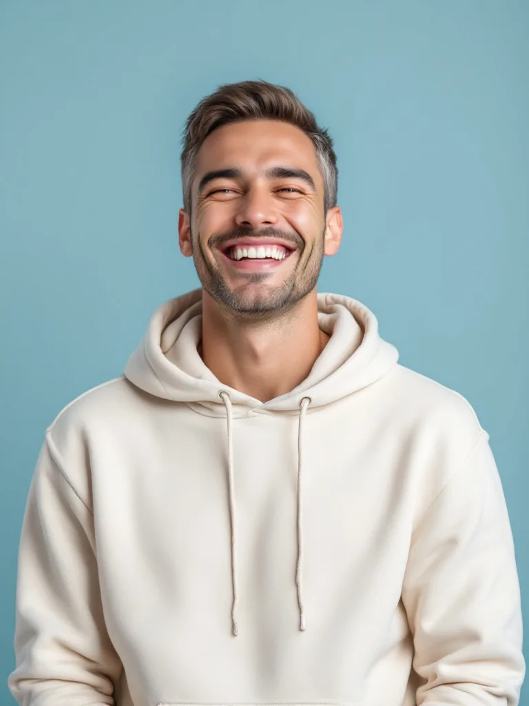 A man laughing, relaxed, against a soft blue backdrop