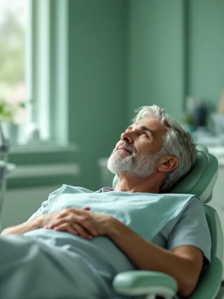 A patient reclining comfortably in a dental chair in a sunlit room