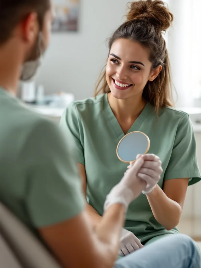 A hygienist in sage scrubs showing a hand mirror to a patient